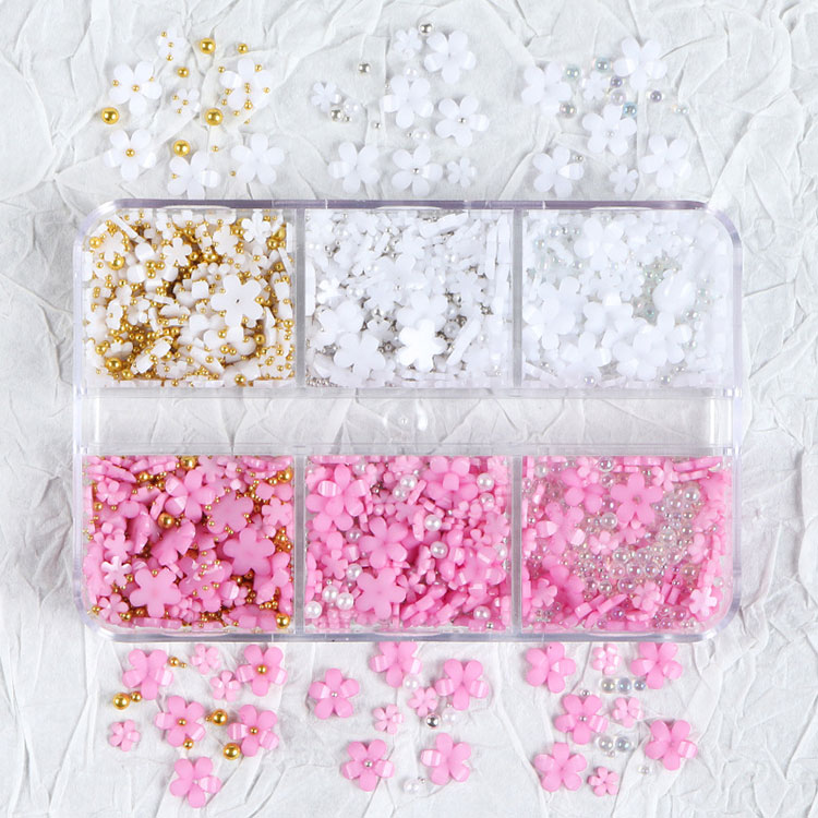 Pearls Manicure DIY လက်သည်းအလှဆင်ခြင်းများဖြင့် ချယ်ရီပန်းပွင့်များကို နွေဦးလက်သည်းအနုပညာပစ္စည်းများ